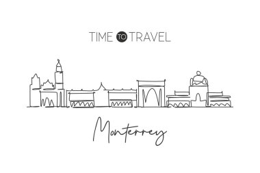 Meksika 'daki Monterrey şehrinin siluetinin tek bir çizgisi. Dünya şehir peyzajı ev dekorasyonu duvar resmi poster baskısı. Tatil için en iyi yer. Moda sürekli çizgi çizimi tasarım vektörü illüstrasyonu