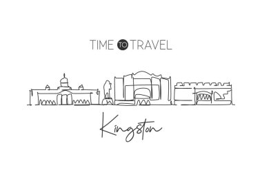 Kingston City 'nin ufuk çizgisi Jamaika' yı çekiyor. Güzel bir duvar dekoru poster baskısı. Dünya manzara turizmi tatili. Tek çizgi çizimi tasarım vektörü illüstrasyonu