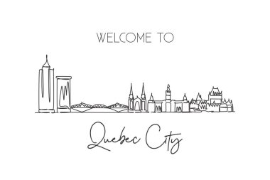 Kanada 'nın Quebec siluetini çizen kesintisiz tek çizgi. Ünlü şehir kazıyıcı peyzaj. Dünya seyahati varış yeri kartpostal yazdırma konsepti. Düzenlenebilir vuruş modern bir çizgi çizim vektör çizimi illüstrasyonu