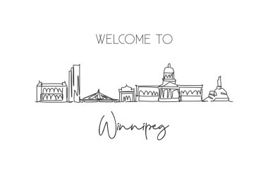 Kanada 'nın Winnipeg şehrinin siluetini çizen tek bir çizgi. Dünya tarihi şehir manzarası. Tatil için en iyi yer kartpostal. Düzenlenebilir vuruş eğilimi sürekli çizgi çizim vektör çizimi illüstrasyonuName