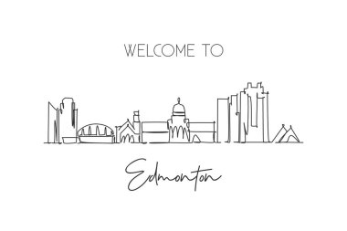 Edmonton City Skyline, Kanada 'nın tek bir çizgisi. Dünya tarihi şehir manzarası. Tatil için en iyi yer ev dekorasyonu afişi. Moda sürekli çizgi çizimi tasarım vektörü illüstrasyonu