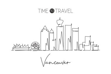 Tek bir çizgi Vancouver şehrinin siluetini çekiyor, Kanada. Dünya tarihi şehir peyzajı ev dekoru poster baskısı. Tatil için en iyi yer. Moda sürekli çizgi çizimi tasarım vektörü illüstrasyonu