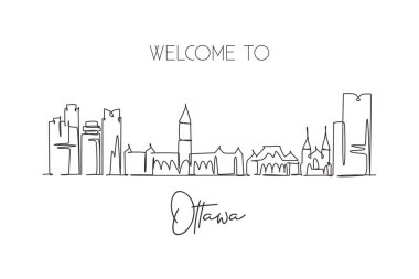 Kanada 'nın Ottawa şehrinin siluetini çizen kesintisiz bir çizgi. Güzel bir kartpostal. Dünya turizmi ve seyahat tatili. Düzenlenebilir tek çizgi çizimi tasarım vektörü illüstrasyonuName