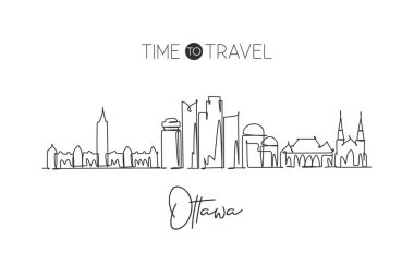 Tek bir çizgi Ottawa şehrinin Kanada siluetini çiziyor. Dünya tarihi şehir peyzajı ev dekoru duvar posteri baskısı. Tatil için en iyi yer. Moda sürekli çizgi çizimi tasarım vektörü illüstrasyonu