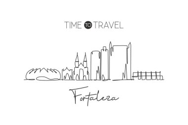 Brezilya 'nın Fortaleza şehrinin siluetini çizen tek bir çizgi. Dünya tarihi şehir peyzajı kartpostalı. En iyi tatil yeri. Düzenlenebilir vuruş eğilimi sürekli çizgi çizim vektör çizimi illüstrasyonuName