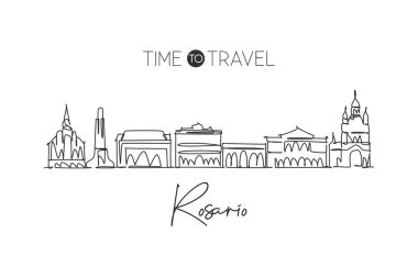 Arjantin 'in Rosario şehrinin siluetini çizen kesintisiz bir çizgi. Güzel bir kartpostal. Dünya manzara turizmi tatili. Düzenlenebilir tek çizgi çizimi tasarım vektörü illüstrasyonuName