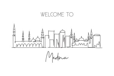 Medine şehrinin tek bir çizgisi silueti, Suudi Arabistan. Dünya tarihi şehir manzarası. Tatil için en iyi yer. Düzenlenebilir vuruş eğilimi sürekli çizgi çizim vektör çizimi illüstrasyonuName
