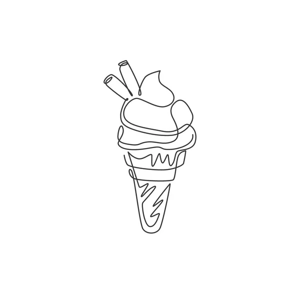 Один Сплошной Рисунок Линии Свежего Вкусного Мороженого Логотипом Ресторана Десерт — стоковый вектор