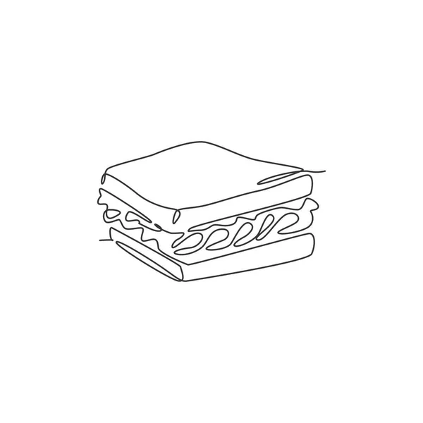 Desenho Linha Contínua Delicioso Crachá Logotipo Restaurante Sanduíche Americano Fast —  Vetores de Stock