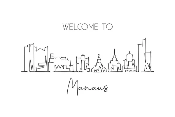 One Continuous Line Drawing Manaus City Skyline Brazil Beautiful Landmark — Stock Vector