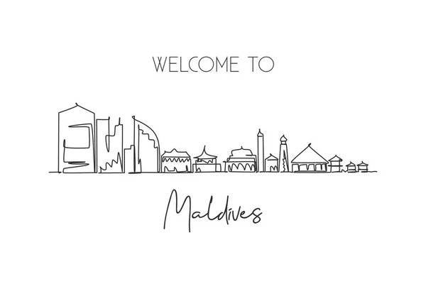 马尔代夫 马累天际线 著名的城市刮板景观明信片打印 世界旅行目的地概念 可编辑笔划现代单行绘图设计矢量插图 — 图库矢量图片