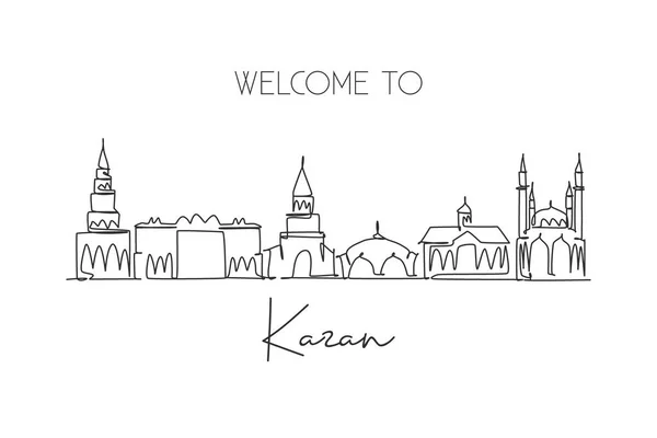 Single Continuous Line Drawing Kazan Skyline Russia Famous City Scraper — Stock Vector