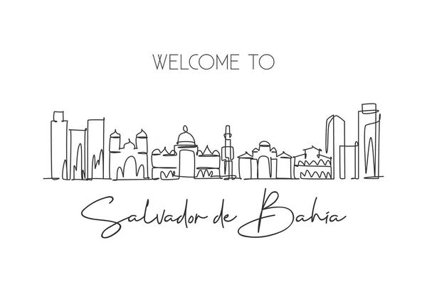 Single Continuous Line Drawing Salvador Bahia Skyline Brazil Famous City — Stock Vector