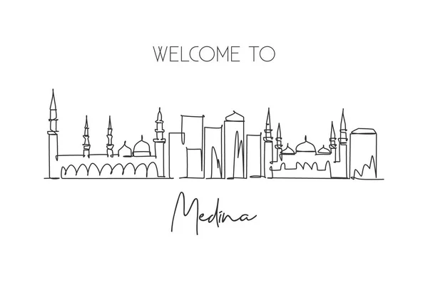 Dibujo Una Sola Línea Del Horizonte Ciudad Medina Arabia Saudita — Vector de stock