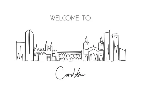 Einzelne Durchgehende Linienzeichnung Der Skyline Von Córdoba Argentinien Berühmte Stadtkratzer — Stockvektor