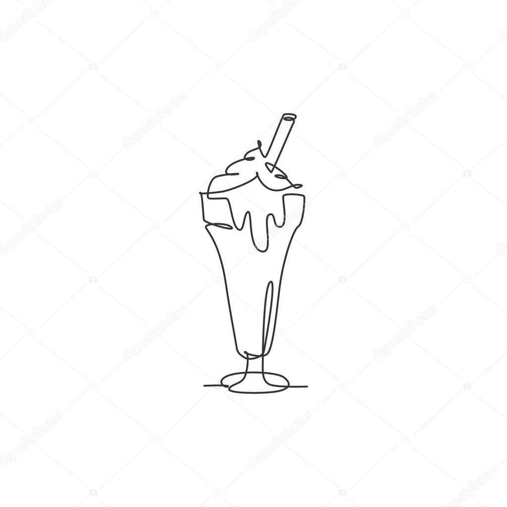 One single line drawing of fresh sweet milkshake with wafer stick logo vector illustration. Drink shop cafe menu and restaurant badge concept. Modern continuous line draw design street food logotype