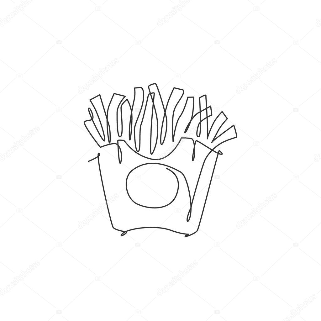One continuous line drawing of fresh delicious American french fries restaurant logo emblem. Fast food cafe shop logotype template concept. Modern single line draw design vector graphic illustration