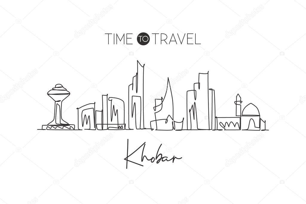 One continuous line drawing Khobar city skyline, Saudi Arabia. Beautiful landmark home decor poster print. World landscape tourism travel vacation. Stylish single line draw design vector illustration