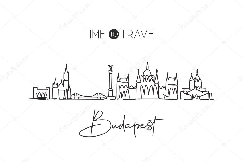 Single continuous line drawing Budapest skyline, Hungary. Famous city scraper landscape home wall decor poster print. World travel destination concept. Modern one line draw design vector illustration