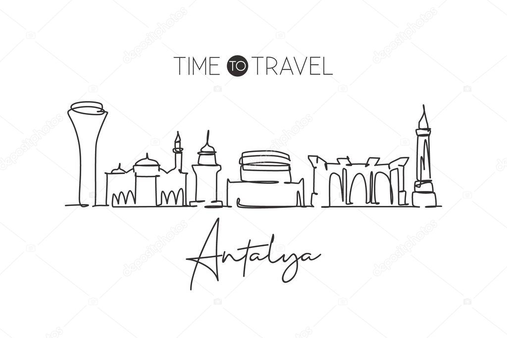 Single continuous line drawing of Antalya skyline, Turkey. Famous city scraper landscape. World travel destination home wall decor poster print concept. Modern one line draw design vector illustration