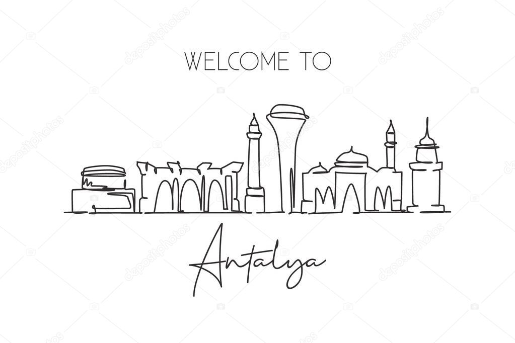 One single line drawing Antalya city skyline, Turkey. World historical town landscape. Best place holiday destination postcard. Editable stroke trendy continuous line draw design vector illustration