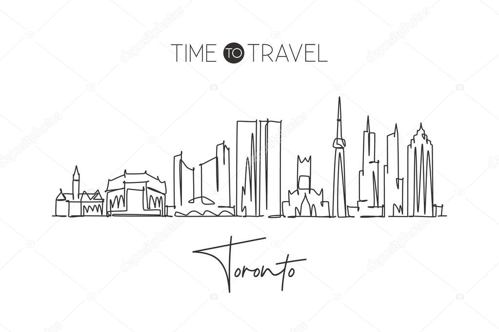 One single line drawing of Toronto city skyline, Canada. World historical town landscape. Best holiday destination home wall decor poster print. Trendy continuous line draw design vector illustration
