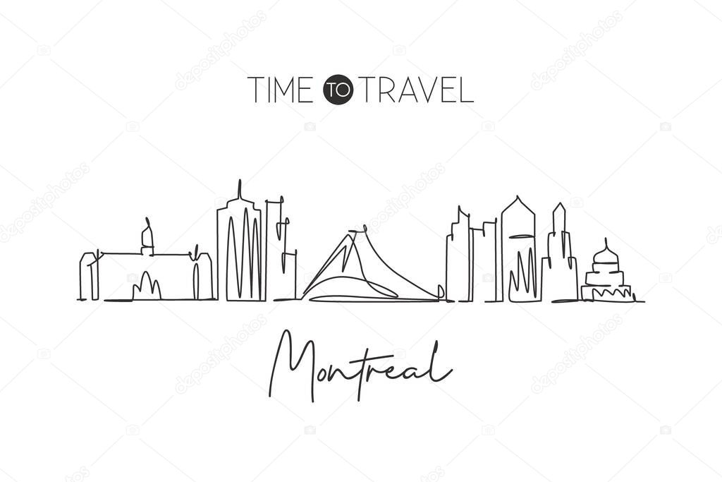 One continuous line drawing Montreal city skyline, Canada. Beautiful landmark home wall decor poster print. World landscape tourism travel vacation. Stylish single line draw design vector illustration
