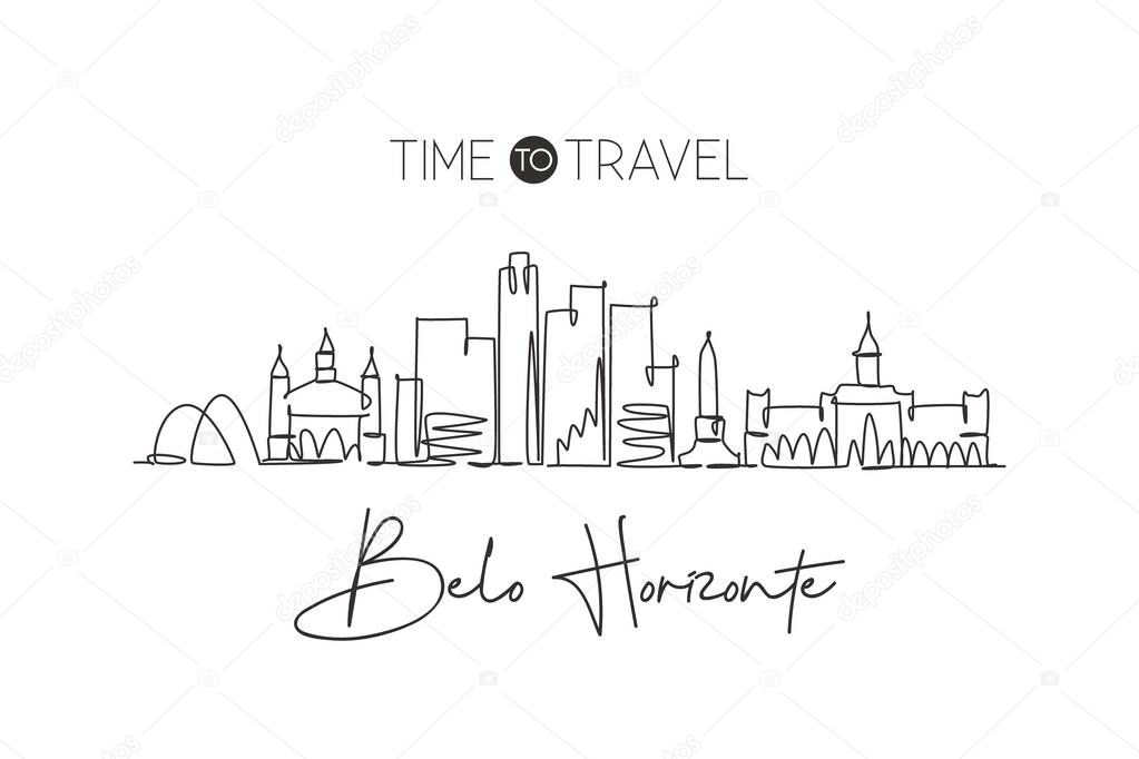 One single line drawing of Belo Horizonte city skyline, Brazil. World historical town landscape. Best holiday place destination. Editable stroke trendy continuous line draw design vector illustration