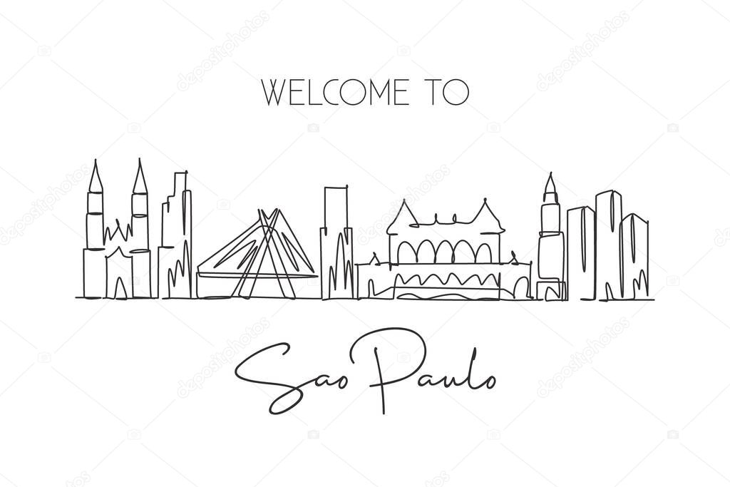 One single line drawing of Sao Paulo city skyline, Brazil. World historical town landscape. Best place holiday destination wall decor poster art. Trendy continuous line draw design vector illustration