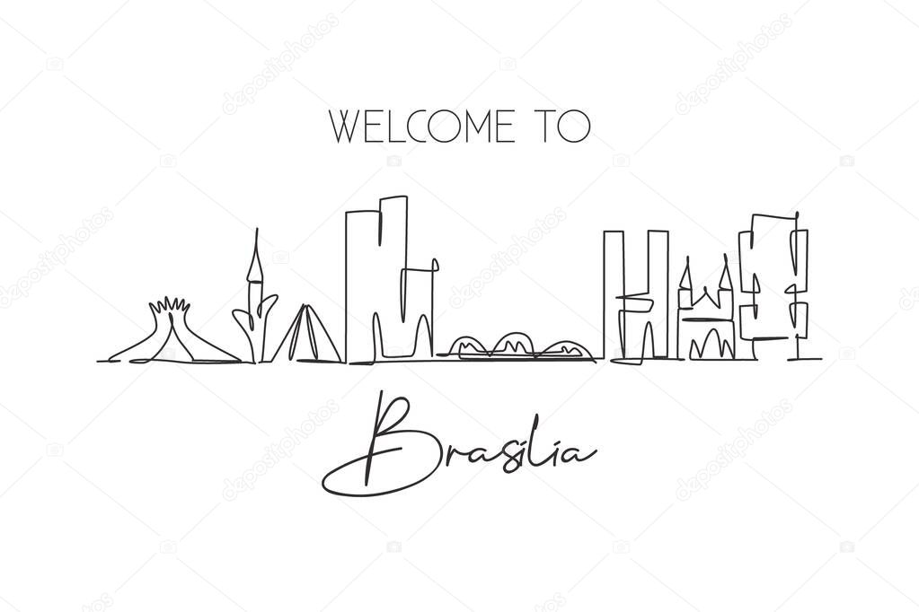 One continuous line drawing of Brasilia city skyline, Brazil. Beautiful landmark. World landscape tourism travel vacation postcard. Editable stylish stroke single line draw design vector illustration