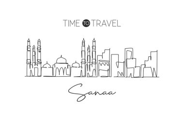 Sana 'a şehrinin ufuk çizgisi, Yemen. Dünya tarihi şehir manzarası. En iyi tatil yeri kartpostal baskısı. Düzenlenebilir vuruş eğilimi sürekli çizgi çizim vektör çizimi illüstrasyonuName