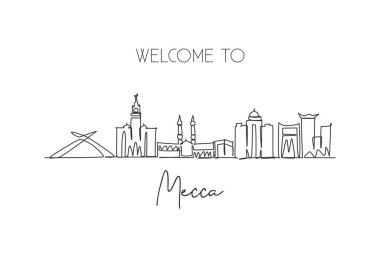 Suudi Arabistan 'da Mekke şehrinin siluetini çizen kesintisiz bir hat. Güzel bir kartpostal baskısı. Dünya manzara turizmi tatili. Tarz darbesi tek çizgi çizimi tasarım vektörü illüstrasyonu