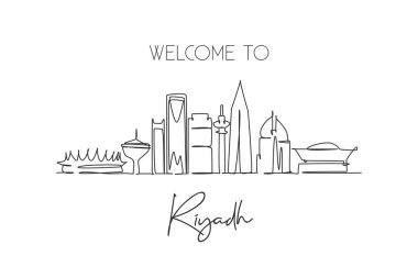 Suudi Arabistan 'ın Riyad şehrinin siluetini çizen kesintisiz bir hat. Güzel bir kartpostal. Dünya manzara turizmi tatili. Düzenlenebilir tek çizgi çizimi tasarım vektörü illüstrasyonuName