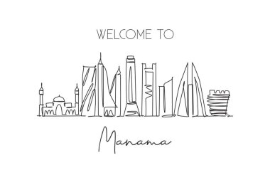 Manama şehrinin ufuk çizgisi Bahreyn 'i çekiyor. Güzel bir kartpostal izi. Dünya manzara turizmi tatili. Düzenlenebilir tek çizgi çizimi tasarım vektörü illüstrasyonuName