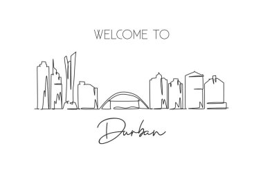 Güney Afrika 'da Durban şehrinin siluetinin tek bir çizgisi. Dünya tarihi şehir manzarası duvar dekoru poster baskısı. En iyi tatil yeri. Moda sürekli çizgi çizimi tasarım vektörü illüstrasyonu