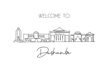 Tacikistan 'daki Dushanbe şehrinin siluetinin tek bir çizimi. Dünya tarihi şehir manzarası. En iyi tatil yeri kartpostalı. Düzenlenebilir vuruş eğilimi sürekli çizgi çizim vektör çizimi illüstrasyonuName
