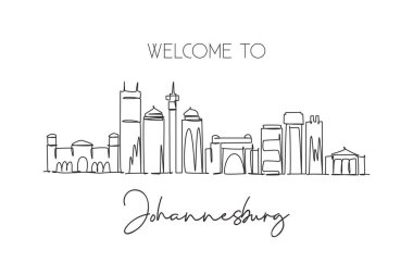 Güney Afrika 'da Johannesburg şehrinin siluetinin kesintisiz bir çizimi. Güzel bir duvar dekoru poster baskısı. Dünya peyzaj turizmi. Tek çizgi çizimi tasarım vektörü illüstrasyonu