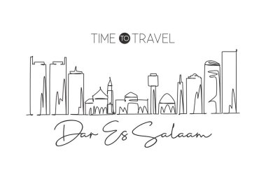 Tanzanya 'daki Dar Es Salaam şehrinin siluetinin tek bir çizgisi. Tarihsel bir yer, kartpostal baskısı. En iyi tatil yeri. Düzenli vuruş Sürekli çizgi çizimi tasarım vektörü illüstrasyonu