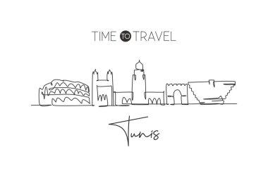 Tunus şehrinin ufuk çizgisini çizen tek bir çizgi. Dünya kartpostalındaki tarihi şehir manzarası. En iyi tatil yeri. Düzenlenebilir vuruş eğilimi sürekli çizgi tasarım vektörü sanat illüstrasyonu