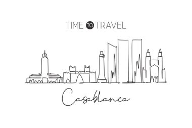 Single continuous line drawing of Casablanca city skyline Morocco. Famous city scraper and landscape in the world. World travel concept. Editable stroke modern one line draw design vector illustration clipart