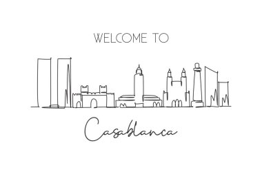 One continuous line drawing of Casablanca city skyline, Morocco. Beautiful landmark wall decor poster. World landscape tourism and travel vacation. Stylish single line draw design vector illustration clipart