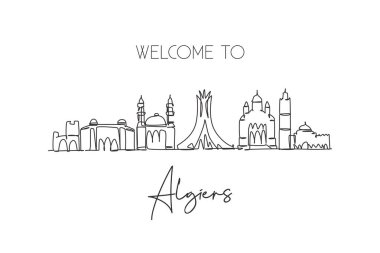 Cezayir şehir siluetinin kesintisiz bir çizgisi, Cezayir. Güzel bir kartpostal. Dünya manzara turizmi tatili. Düzenlenebilir tek çizgi çizimi tasarım vektörü illüstrasyonuName