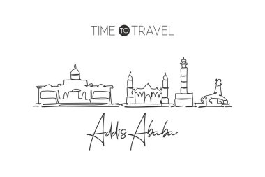 Etiyopya 'daki Addis Ababa şehrinin siluetinin aralıksız bir çizimi. Güzel bir kartpostal. Dünya manzara turizmi tatili. Modaya uygun tek çizgi çizim vektör grafik çizimi