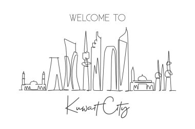 Kuveyt şehir silueti Orta Doğu 'nun aralıksız tek bir çizgisi. Ünlü şehir kazıyıcısı ve peyzaj ev dekoru duvar posteri baskısı. Dünya seyahati kavramı. Modern bir çizgi çizimi tasarım vektörü çizimi