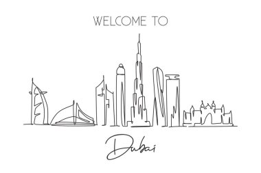 Dubai şehir silueti Birleşik Arap Emirlikleri 'nin aralıksız bir çizimi. Güzel şehir simgesi. Dünya turizmi ve seyahati. Düzenlenebilir tek çizgi çizimi tasarım vektörü illüstrasyonuName