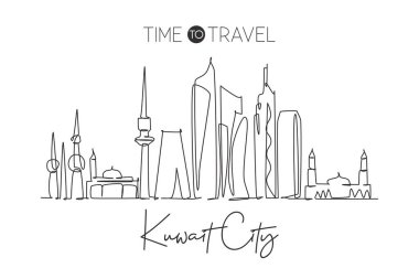 Kuveyt siluetinin aralıksız çizimi, Kuveyt. Güzel şehir simgesi. Dünya turizmi ve seyahat tatili. Düzenlenebilir tek çizgi çizimi tasarım vektörü illüstrasyonuName