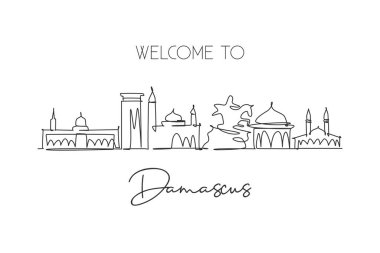 Suriye 'deki Şam şehrinin siluetinin aralıksız bir çizimi. Güzel şehir simgesi. Dünya turizmi ve seyahat tatili. Düzenlenebilir tek çizgi çizimi tasarım vektörü illüstrasyonuName