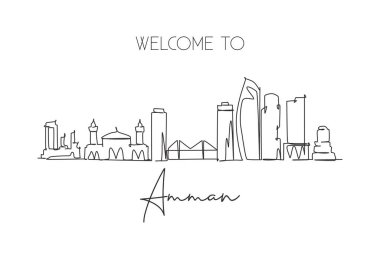 Amman şehrinin siluetinin tek bir çizimi, Jordan. Dünyanın tarihsel şehir manzarası. En iyi tatil yeri. Düzenlenebilir vuruş eğilimi sürekli çizgi tasarım çizimi grafik çizimi illüstrasyonu
