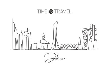 Katar, Doha şehrinin siluetinin tek bir çizgisi. Dünyanın tarihsel şehir manzarası. En iyi tatil yeri. Düzenlenebilir vuruş eğilimi sürekli çizgi tasarım vektörü grafik illüstrasyonuName