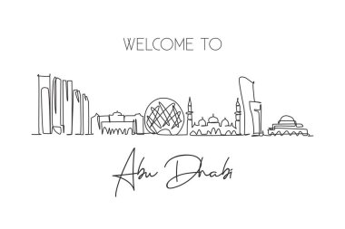 Abu Dabi şehrinin aralıksız çizdiği bir çizgi Birleşik Arap Emirlikleri silueti. Güzel şehir simgesi. Dünya turizmi ve seyahati. Düzenlenebilir tek çizgi çizimi tasarım vektörü çizimi